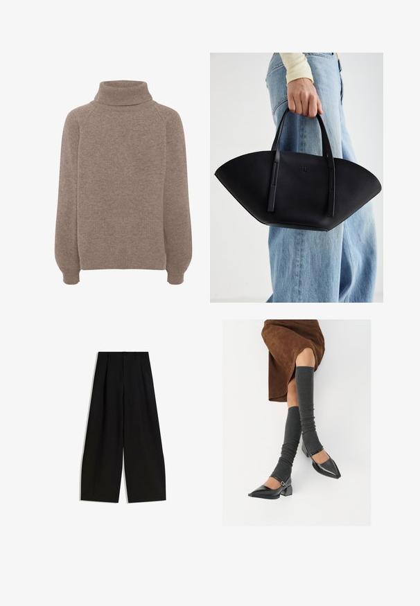 Barna kötött pulóver magas garbóval, raglánujjakkal és bordás mandzsettával. Puha tapintású, laza szabású. Nincsenek látható minták vagy díszítések.; Fekete, széles lábú nadrág, sima anyagból készült, magas derékkal, elöl redőkkel, díszítések vagy minták nélkül.; Fekete lakk bőrből készült, hegyes orrú cipők, tömbsarkúakkal és bokapánttal, szürke bordás lábszármelegítőkkel és barna velúr szoknyával párosítva.; Fekete bőr kézitáska egyedi legyezőformával, lapos füllel. A felülete kőriszerű textúrájú és minimalista dizájnnal rendelkezik.