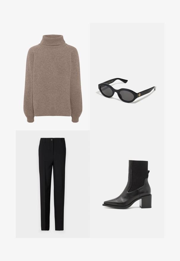 Bruine gebreide trui met een hoge col, raglanmouwen en geribbelde manchetten. Zachte texture met een ontspannen pasvorm. Geen zichtbare patronen of accenten.; Zwarte op maat gemaakte broek met een recht toegegeven ontwerp, voorzien van een knoopsluiting en riemlussen, gemaakt van gladde stof.; Zwarte enkelboot met een spitse neus, gemaakt van soepel leer en elastische stof. Heeft een blokhak en een minimalistisch ontwerp.; Zwarte ovale zonnebril met donkere glazen en een glanzend kunststof frame. Heeft een gouden logo op de poot, dat een strakke en moderne uitstraling biedt.; Blauwe handtas met patroon van stof, met een gebogen vorm, zwarte leren schouderriem en logo ontwerp in een lichtere tint.
