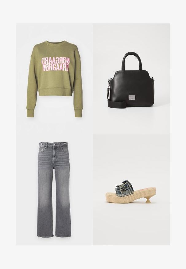 Olíva zöld rövidített pulóver, kerek nyakkivágással. Az elején rózsaszín csíkos grafikai nyomtatás található "Nørgaard" felirattal. Puha anyagú.; Magas derekú, egyenes szárú szürke farmernadrág, elhalványuló részletekkel és fém gomb díszítéssel a derékrészen és a zsebeken.; Denim csúszó szandál fonott talppal és kis sarokkal. Díszített varrásokkal és fémszínű kiegészítővel rendelkezik a felső pánton.; Fekete szintetikus kézitáska, felső fogantyúkkal, levehető vállpánttal, kerek formával, sima textúrával és ezüst logóval az elején.