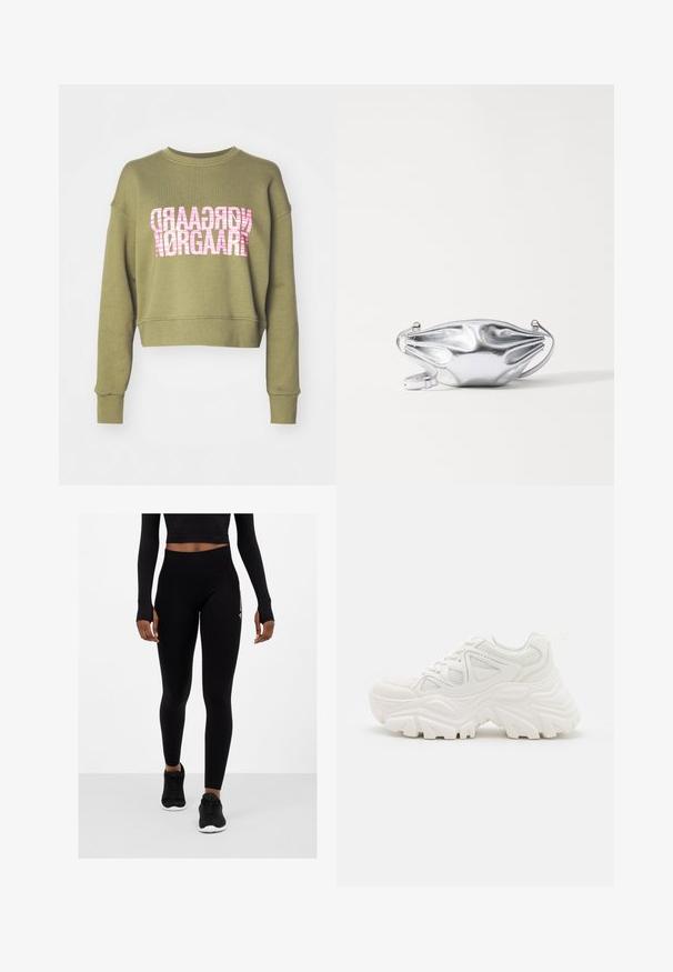 Sudadera corta de color verde oliva con cuello redondo. Presenta un estampado gráfico de rayas rosas con la palabra "Nørgaard" en la parte frontal. Textura de tela suave.; Leggings negros con una cintura alta, tejido texturizado y ajuste ceñido, combinados con zapatillas deportivas negras. Parte superior parcialmente cubierta por un top corto.; Zapatillas deportivas blancas y gruesas con un upper texturizado, paneles de malla y suelas de goma gruesas con un patrón de relieve prominente. Incluyen cordones y una lengüeta.; Bolso de mano metálico en plata con una textura suave, diseño curvado único, cierre de broche y correa ajustable. Forma compacta adecuada para lo esencial.