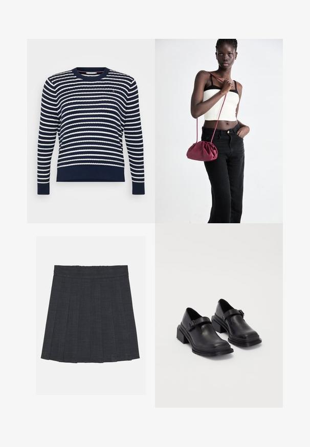 Temno modra jopica z belimi horizontalnimi črtami. Ima krožno ovratnico, rebraste manšete in rob. Narejena je iz teksturiranega pletenega materiala.; Temno siva nabrana krila z elastičnim pasom, ki ima teksturirano tkanino in klasično silhueto v obliki črke A. Primerna za vsakodnevno nošenje.; Črne usnjene čevlje z zaobljenim nosom, ravnim podplatom in trakcem z zaponko. Debel blokasti petnik za dodatno stabilnost.; Burgundska mehka torbica z zbranim dizajnom in dolgim trakom, nošena čez telo. Model nosi belo kratko majico in črne kavbojke.