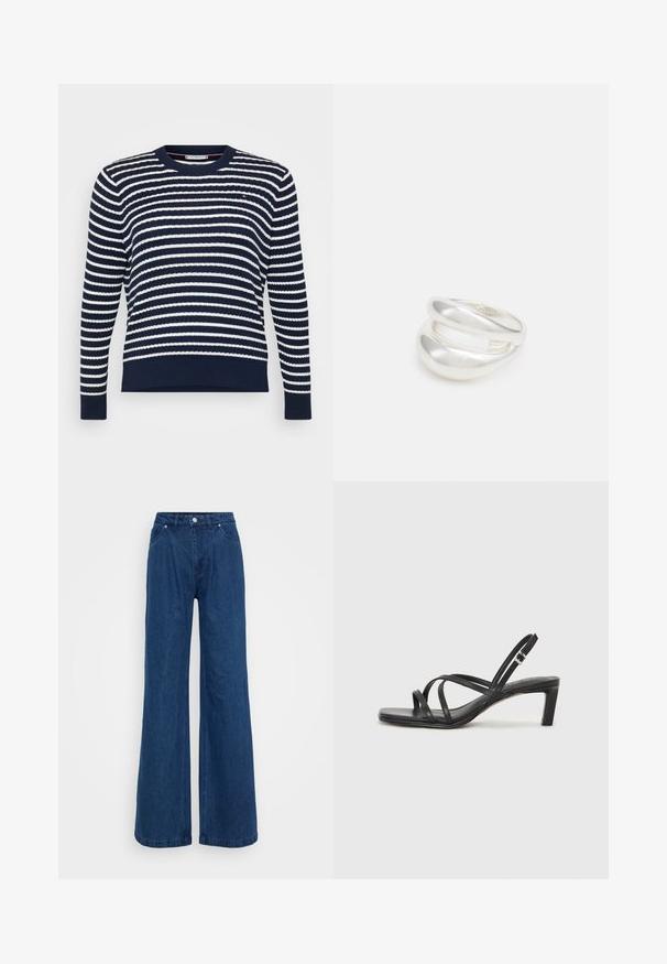 Tamsiai mėlynas megztinis su baltomis horizontaliomis juostelėmis. Yra apvalia iškirpte, megztos rankogaliai ir apatinė dalis. Pagamintas iš tekstūruoto megzto audinio.; Mėlynos plačios džinsinio audinio kelnės su aukšta juosmens linija, priekyje mygtukas ir užtrauktukas, bei priekinės ir užpakalinės kišenės prieš paprastą foną.; Juodi šlepetės su kvadratiniu pirštu ir žemu bloku kulnu. Yra keli ploni dirželiai ir reguliuojamas kulkšnies diržas. Pagaminti iš lygios odos.; Sidabrinis dvigubas žiedas su lygiu, poliruotu paviršiumi. Pasižymi sklandžiu, kreiptu dizainu su persipinančiomis dalimis, suteikiančiomis modernų išvaizdą.