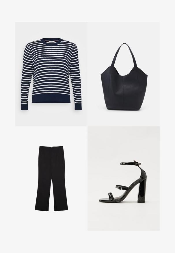 Granatowy sweter w białe poziome paski. Posiada okrągły dekolt, ściągacze przy mankietach i dolnej krawędzi. Wykonany z teksturowanej dzianiny.; Czarne spodnie o prostym kroju, z przednimi kieszeniami i bocznymi rozcięciami na dole. Wykonane z miękkiego, gładkiego materiału. Odpowiednie na różne okazje.; Czarne lakierowane sandały na obcasie z kwadratowym noskiem, z paskami wokół kostki i srebrnymi klamrami. Posiadają masywny słupek dla stabilności.; Czarna torba na ramię wykonana z gładkiej skóry, z zaokrąglonym, otwartym topem i dwoma paskami na ramię oraz minimalistycznym designem.