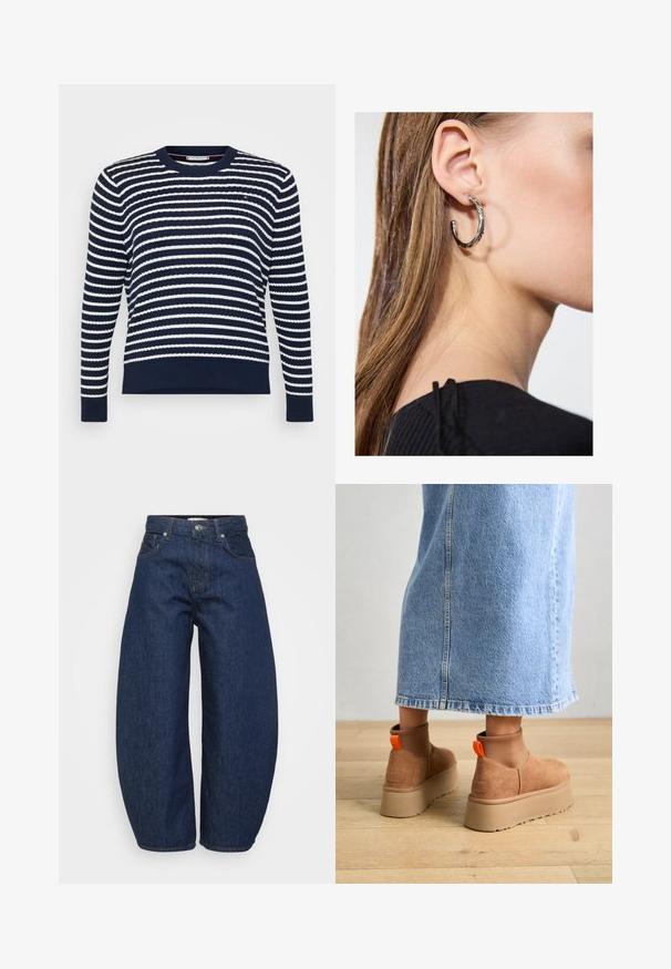 Tummansininen villapaita, jossa on valkoisia vaakaraitoja. Siinä on pyöreä kaula-aukko, ribbireunat hihansuissa ja helmassa. Valmistettu teksturoidusta neulekankaasta.; Tummansiniset farkut, joissa on leveä ja rento istuvuus. Niissä on vetoketjullinen haarakiinnitys, neljä taskua ja kontrastiväriset saumat.; Ruske mokasine z platformo in elastiko na straneh ter oranžnimi zategovalnimi trakovi, v kombinaciji z osnovno dolžino svetle denim krila na lesenem podu.; Hopea renkaankorvakoru kiiltävällä pinnalla, jossa on pieniä kultaisia yksityiskohtia ja pyöreä muoto, käytetty korvalla.