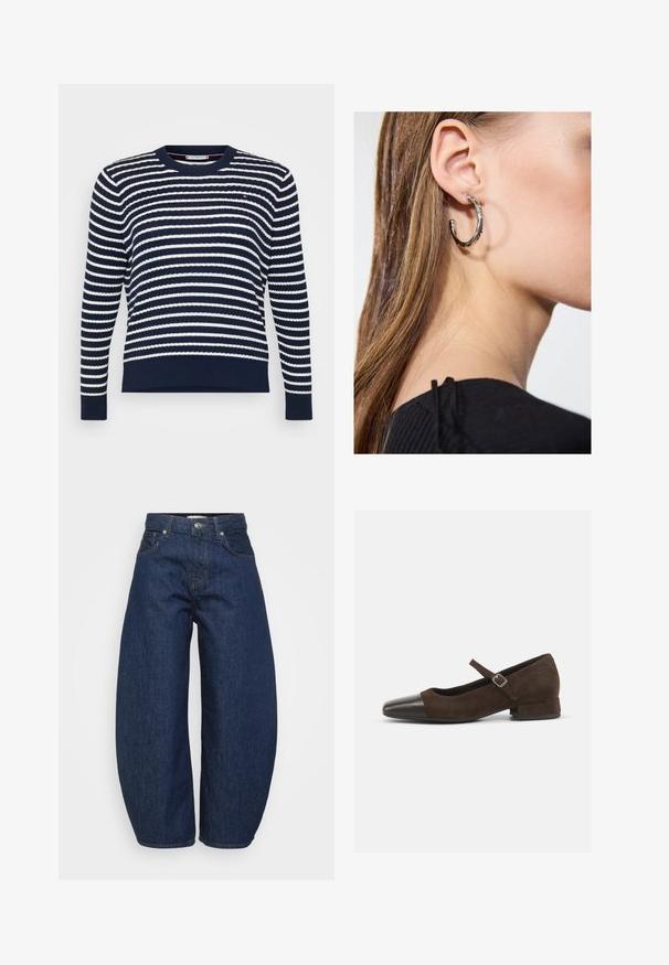 Tummansininen villapaita, jossa on valkoisia vaakaraitoja. Siinä on pyöreä kaula-aukko, ribbireunat hihansuissa ja helmassa. Valmistettu teksturoidusta neulekankaasta.; Tummansiniset korkeavyötäröiset farkut, joissa on leveät lahkeet, edessä nappi- ja vetoketjukiinnitys sekä klassinen viiden_taskun malli.; Ruskean mokkanahkakengät Mary Jane -tyyliin, mustalla kiiltävällä kärjellä, säädettävällä remmillä ja matalalla lohkokannalla. Suora pinta, jossa on minimaalinen koristelu.; Hopea renkaankorvakoru kiiltävällä pinnalla, jossa on pieniä kultaisia yksityiskohtia ja pyöreä muoto, käytetty korvalla.