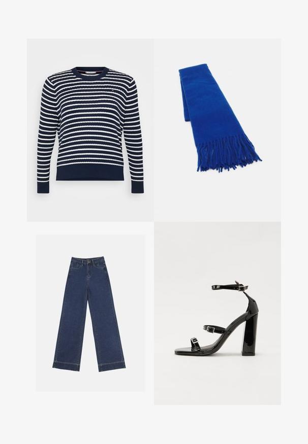 Sötétkék pulóver fehér vízszintes csíkokkal. Kerek nyakkivágással, bordázott mandzsettákkal és szegéllyel rendelkezik. Textúrált kötött anyagból készült.; Sötétkék denim széles lábú farmernadrág. Öt zsebbel, övhurkokkal és nyers szegéllyel az alján, amelyen látható varrási részletek találhatók.; Fekete lakk magas sarkú szandál két csatos pánttal, négyzet alakú orral és tömzsi blokk sarokkal, sima, fényes felülettel.; Kék szőtt sál, bojtós végekkel, sima textúrával, téglalap alakú, és egyenletes színnel. Hideg időjárásra alkalmas.