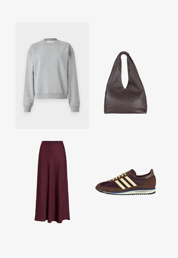 Grijze sweatshirt met een ronde hals, lange mouwen en een iets cropped ontwerp. Gemaakt van zachte stof met ribgebreide boorden en zoom.; Bordeaux satijnen maxi rok met een zachte textuur, hoge taille en een vloeiende silhouet die zachtjes uitloopt naar de zoom.; Bruine en bordeauxkleurige sneaker van suede en mesh materiaal, met drie crèmekleurige strepen, een gemêleerd stof op de tong en een rubberen zool.; Bruine leren tas met een slappe, oversized uitstraling. Beschikt over een lusvormige handgreep en een diepe V-vormige opening voor gemakkelijke toegang. Zachte textuur, minimalistische stijl.