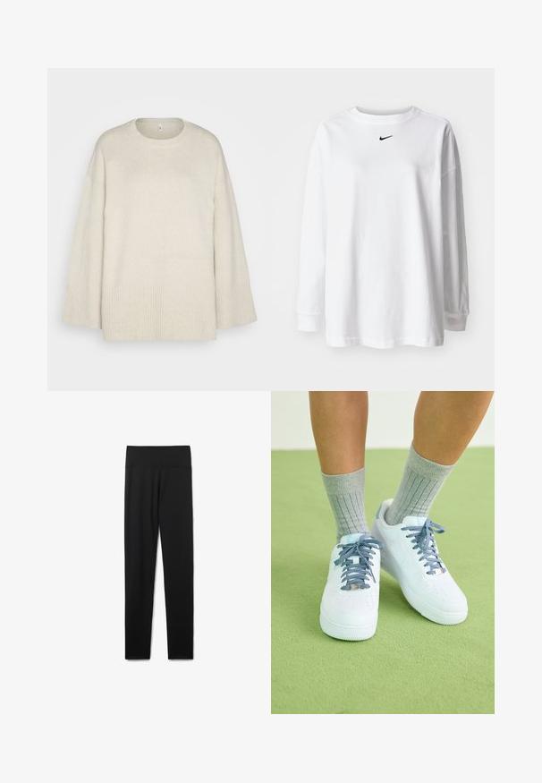 Lys beige sweater lavet af blød strikket stof, med rund halsudskæring, sænkede skuldre og ribbede detaljer ved kanten og ærmerne.; Hvid langærmet t-shirt lavet af bomuld, med rund halsudskæring og et lille sort Nike-logo på brystet. Simpelt design, afslappet pasform.; Sorte leggings lavet af glat, strækbart stof. Har en bred talje og en tætsiddende pasform, der går til ankelens længde uden synlige sømme.; Hvide lædersneakers med blå accenter, perforeret tådesign og teksturerede blå-hvide snørebånd, båret med grå ribbede sokker.