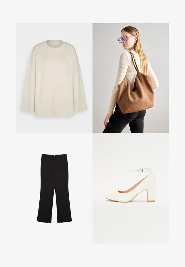 Lys beige sweater lavet af blød strikket stof, med rund halsudskæring, sænkede skuldre og ribbede detaljer ved kanten og ærmerne.; Sorte bukser med lige pasform, der har frontlommer og slidser i kanten. Lavet af blødt, glat stof. Velegnet til forskellige anledninger.; Hvid højhælet sko med spids tå, blokhæln og ankelrem. Glat overflade med en subtil glans og beige inderforing.; Brun ruskind tote taske med blød tekstur, stor åbning og lange stropper. Har et enkelt design med synlige syninger og ingen hardware.