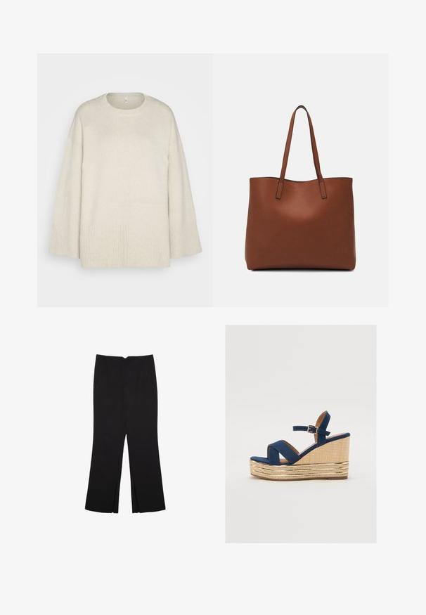 Light beige sweater made of soft knit fabric, with a round neckline, dropped shoulders, and ribbed accents at the hem and sleeves.; Black trousers with a straight fit, featuring front pockets and side slits at the hem. Made of soft, smooth fabric. Suitable for various occasions.; Navy blue wedge sandal with crossed straps, a textured natural fiber platform, and a gold metallic accent on the base.; Brown leather tote bag with a smooth texture, open top design, and two shoulder straps. Features minimal stitching and no visible hardware.