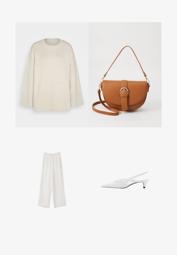 Pull léger beige en tissu tricot doux, avec un col rond, des épaules tombantes et des accents côtelés au bas et aux manches.; Pantalons larges blancs en tissu léger. Dotés d'une taille élastique avec cordon de serrage et de poches latérales. Texture lisse.; Escarpin blanc à brides arrière avec un bout pointu, présentant un dessus lisse, des découpes discrètes et un petit talon bloc. La semelle noire met en valeur le design.; Sac bandoulière en cuir marron avec une forme incurvée, quincaillerie dorée et un accent en boucle. Comprend une bandoulière détachable.