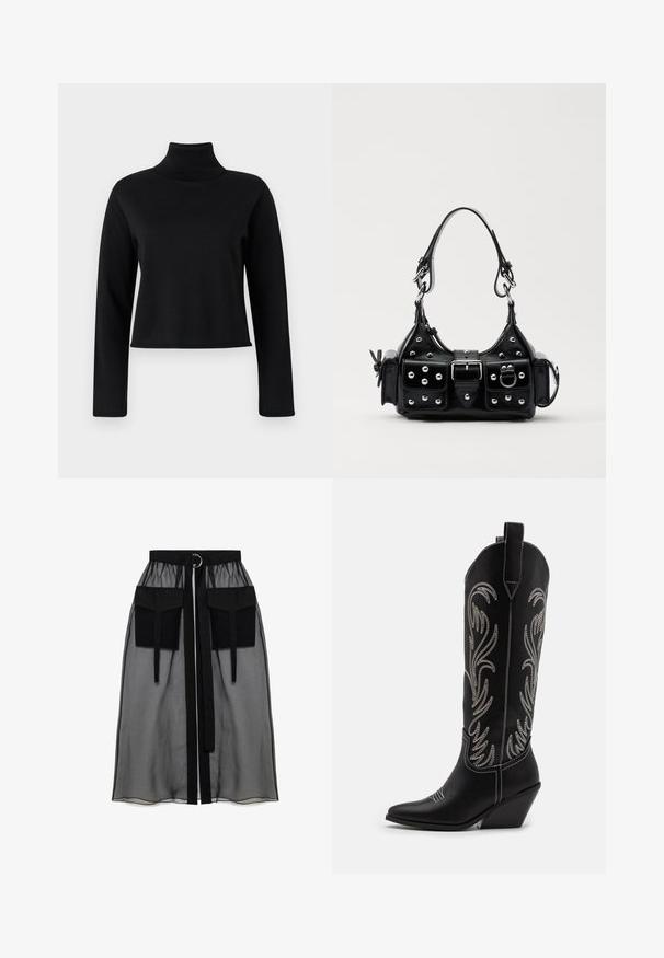 Svart polotröja med långa ärmar, tillverkad av mjukt, slätt tyg. Har en åtsittande design och ribbat halsringning och manschetter.; Svart genomskinlig kjol med en rynkad midja, utrustad med två stora framfickor, ett midjesnöre och en cirkulär metallaccent.; Svarta lädercowboystövlar med spetsiga tår, kilklackar och silverbroderade blommönster längs skaftet. Kontraststickning genom hela stöveln.; Svart läderhandväska med en kurvad design, prydd med silverfärgade nitar, ett spänne och två sidofickor. Justerbar rem för olika bäralternativ.