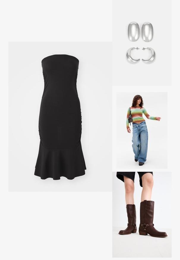 Ženska hoda samozavestno, oblečena v svetr s pisanimi črtami, široke traperice s prečnimi pasovi, rjave čevlje in nosi rjavo torbico čez ramo.; Črna brezramna obleka iz elastične tkanine, s smučanjem ob straneh in razširjenim robom. Gladka tekstura z oprijetim silhuetom.; Rjave usnjene čizme do kolen s zaobljenim nosom, teksturirano površino, trakovi okoli gležnja in srebrni detajli; zasnovane s steknjenim peto.; Set srebrnih uhani: dva ovalna ušesa in dve obročni obliki, z visokim sijajem, gladko površino in okroglo obliko.