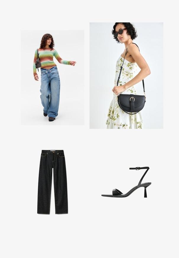 Ženska hoda samozavestno, oblečena v svetr s pisanimi črtami, široke traperice s prečnimi pasovi, rjave čevlje in nosi rjavo torbico čez ramo.; Temno modri kavbojki s ravnim krojem, zapiranje na mesingasto gumb, in kontrastnim rumenim šivanjem. Imajo pet žepov in klasičen kroj.; Bershka Sandali z visoko peto - black; Črna usnjena torbica s ukrivljeno obliko, z odstranljivo naramnico in zlatimi dodatki. Torbica ima pokrov s podrobnostmi v obliki zaponke.