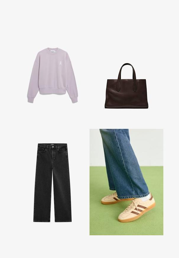 Felpa corta di colore viola chiaro, realizzata in tessuto morbido. Presenta un collo a giro, spalle scese e un piccolo logo bianco sul petto.; Jeans in denim nero a gamba larga con un sottile motivo a righe verticali, dotati di cinque tasche e una chiusura a bottone classica in vita.; Sneakers beige con pannelli texturizzati crema e strisce marroni, abbinati a jeans in denim blu. I jeans hanno un taglio largo e orlo sfilacciato.; Borsa a spalla in pelle marrone con due manici lunghi, forma rettangolare strutturata, texture liscia e dettagli di cucitura sottili.