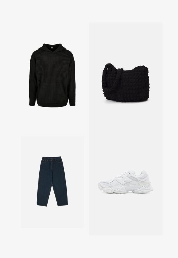 Črna rebrasta pletena kapuca z sprednjim žepom in kapuco na vrvico. Ima ohlapen kroj in teksturiran vzorec na tkanini.; Temno modri jeans s visokim pasom in sproščenim krojem, ki imajo pet žepov in zapenjanje na gumb. Narejeni iz denima z gladko teksturo.; Bele športne tenisice z zgornjim delom iz mrežaste in usnjene tkanine, okrožnim prstom, plastno zasnovo in oblazinjenim podplatom za udobje.; Črn platneno torba z strukturiranim, quilted vzorcem. Okrogla oblika, kratki, debeli ročaji in mehak, fleksibilen konstrukt.