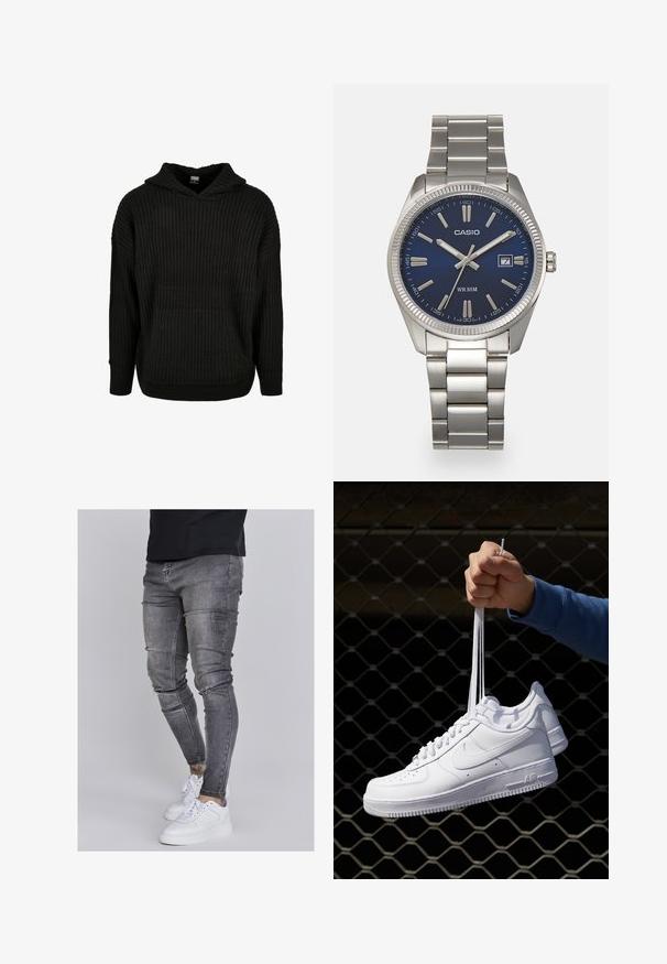 Must mustriba kootiga, millel on ees tasku ja reguleeritav kapuuts. Omab laia lõiget ja tekstuurset mustrit kangal.; Kitsad teksad tuhmhall denimil, millel on kulunud detailid põlvedes, koos valgete tossudega. Sile tekstuur, kitsas lõige.; Valged nahast tennisetossud, millel on perforatsioonid, ümar nina, lame tallus ja paksud nöörid, nähtava swooshi logoga ja "AIR" kontsadel.; Hõbedane roostevabast terasest käekell, tumesinise lõpliku, metallsete tuntud numbrite ja kuupäevanäidikuga kell 3 juures. Veekindel kuni 50 meetrit.