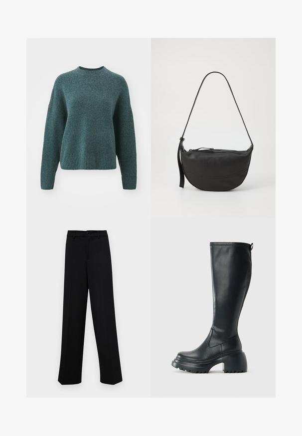 Pulover tricotat în nuanță de teal, cu guler rotund, manșete și tiv texturat. Dispune de o croială lejeră și o textură moale, cu o strălucire subtilă.; Pantaloni negri cu croi larg, dintr-un material neted, având un talie clasică cu închidere prin buton și plisuri frontale.; Cizme lungi din piele neagră cu talpă platformă masivă și tocul pătrat, având un tab de tragere și un model texturat pe talpa exterioară.; Geantă de umăr din piele neagră, cu formă curbată, curea unică, închidere cu fermoar și detalii subtile de cusătură pe corp.
