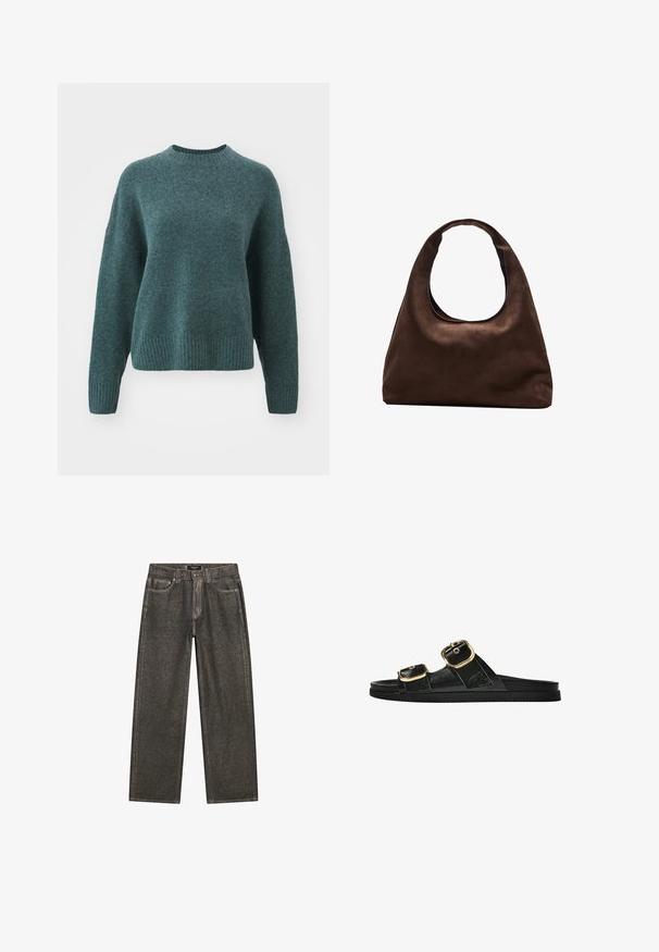 Teal stickad tröja med rundad hals, ribbade ärmslut och nederkant. Har en avslappnad passform och mjukt material med en subtil lyster.; Mörkgrå vida jeans i denim, med en klassisk femficksdesign, robust sömnad och dragkedja med knappstängning.; Svart glidsandal med två guldfärgad spännen, slät textur av material, platt sula och en minimalistisk design.; Mjuk brun hobo-väskastil med ett brett axelband och en rundad öppning upptill, visad på en vit bakgrund.