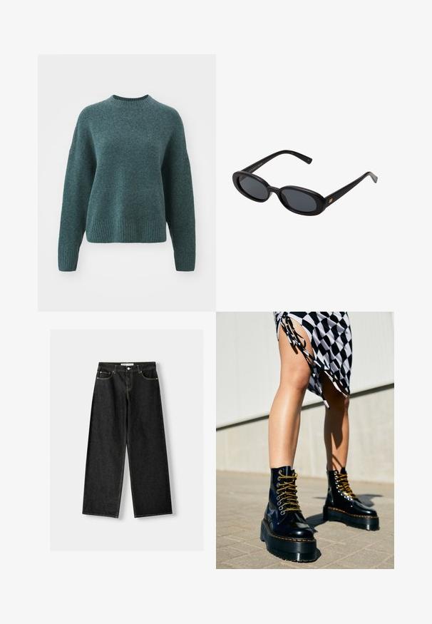 Turkizni pleteni pulover z okroglim izrezom, rebrastimi manžetami in robom. Ima sproščen kroj in mehak material z rahlim sijajem.; Črne široke jeans hlače iz denima vključno s petimi žepi, kovinsko gumbo in zadrgo ter kontrastnimi rumenimi šivi ob šivih.; Črne usnjene platform cipele s debelim podplatom, zlatimi vezalkami in oranžnim šivom, v kombinaciji s karirasto krilo, ki prikazuje stranski razporek.; Črne oversize sončne očala z ovalnimi lečami, gladkim plastičnim okvirjem in zlatenimi detajli na templjih. Temne leče zagotavljajo zaščito pred soncem.; Črna usnjena torba za ramo z zlatim verižnim detajlom in zlatim logotipom "C" na sprednjem pokrovu, na belem ozadju.