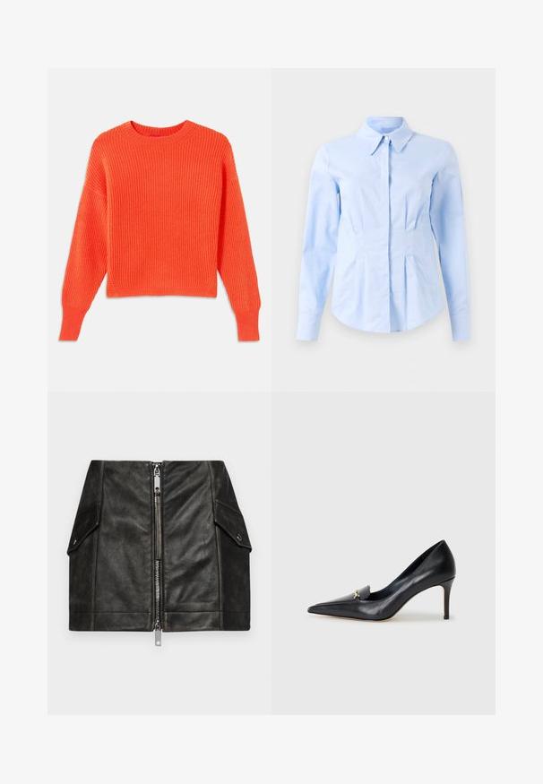 Suéter laranja canelado com decote redondo, ombros caídos e um corte cropped. Padrão de tecido texturizado e fendas laterais na bainha.; Camisa ajustada de manga longa azul clara com colarinho pontiagudo e botões frontais ocultos, cintura ajustada e punhos com botões.; Saia mini de couro preto com um fecho éclair frontal, dois bolsos laterais e uma textura suave. Apresenta costuras reforçadas e um design estruturado.; Sapatilha de couro preto com bico fino, vamp baixo e um detalhe decorativo em ouro. Apresenta um salto agulha e uma textura suave.