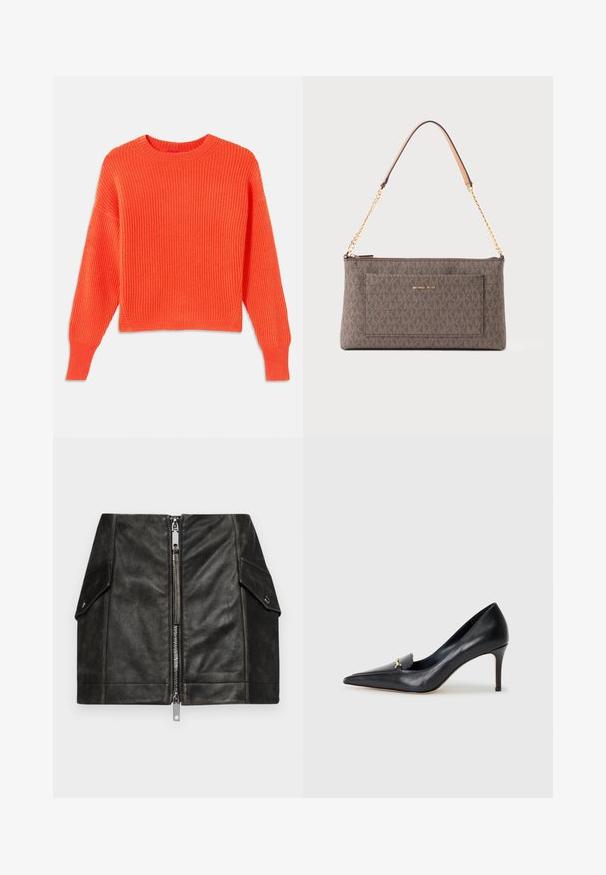 Oransje ribbestrikket genser med rund hals, senkede skuldre og cropped passform. Teksturert stoffmønster og sideslisser i kanten.; Lyseblå langermet skjorte med tilpasset snitt, spiss krage og skjulte frontknapper, tilpasset midje, og knapper ved mansjettene.; Svart lær mini skjørt med glidelås foran, to sidelommer og en jevn tekstur. Har forsterkede sømmer og en strukturert design.; Svart lærpumps med spiss tå, lav vamp og dekorativ gullaccent. Har stiletthæl og glatt tekstur.; Brun rektangulær Michael Kors-veske med gjentatt logomønster, gullkjede med lærskulderputepanel, og frontlomme med merkenavn.