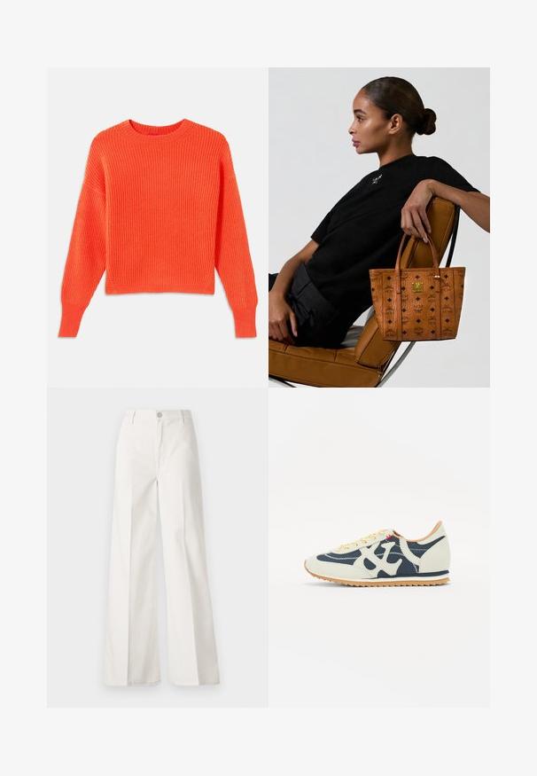 Orange rippad stickad tröja med rundad halsringning, sänkta axlar och en kortad passform. Texturerat stoffmönster och sidofickor vid fållen.; Vita vida-byxor gjorda av bomull med en slät textur. Har en framknapp, gylf med dragkedja och fyra fickor.; Sneaker med en blandning av grädde, marinblå och mockamaterial, snörningsdesign, diagonala stygn och en gummisula med grepp.; Kvinna med håret i knut sitter på sidan av en ljusbrun läderstol, håller en tan-mönstrad tote-väska med svarta logotyper och en gyllene emblem.