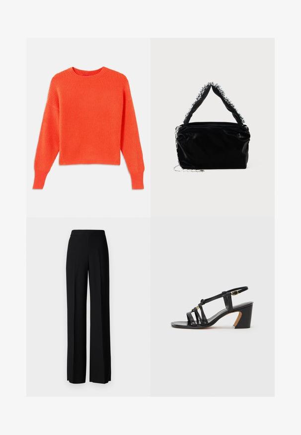 Oranje geribbelde gebreide trui met een ronde hals, verlaagde schouders en een korte pasvorm. Geweven stofpatroon en zijsplitten aan de zoom.; Zwarte wijde broek met een gladde textuur, voorzien van een hoge tailleband en middelste plooien. Geen zichtbare patronen of hardware-details.; Paul Smith AMIRA - Klassieke pumps - black; Zwarte nep leren handtas met een gestructureerde afwerking, voorzien van een bewerkte zilveren accent langs de bovenste handgreep en een schouderband van kettingen.
