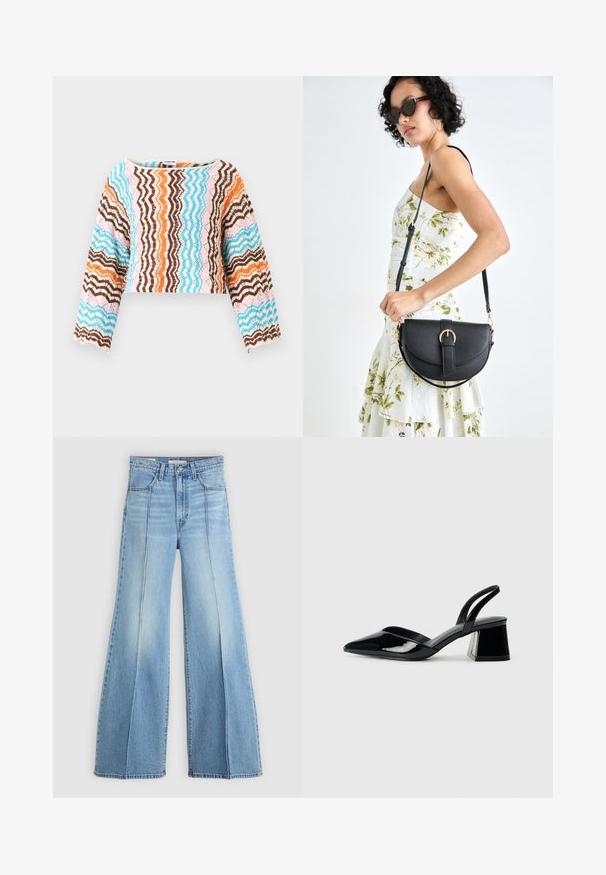 Top corto a maniche lunghe all'uncinetto con motivo a zigzag nei colori marrone, blu, arancione e rosa. Texture morbida e dettagli con orlo scallop.; Jeans azzurri a vita alta con gambe larghe, tasche anteriori e posteriori, passanti per cintura e dettagli delle cuciture verticali sul davanti.; Décolleté in vernice nera con punta affusolata e tacco in geometria cubica. Presentano un design elegante e minimalista, con una texture liscia.; Borsa a tracolla nera in pelle con una forma curva, manico rimovibile e accessori dorati. La borsa presenta una patta con un dettaglio a fibbia.