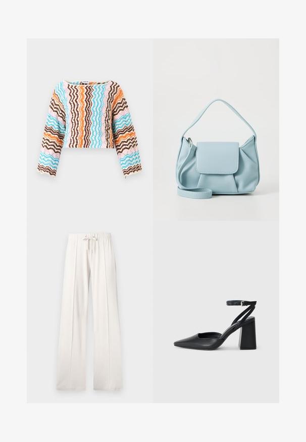 Gehaakte, langmouw cropped top met een zigzagpatroon in bruin, blauw, oranje en roze. Zachte textuur en golvende zoomdetails.; Lichtbeige sweatpants van zacht materiaal, met een trekkoord in de taille, wijde pijpen en verticale naden, met een gladde textuur.; Zwarte leren puntige pump met een enkelbandje en een chunky hak. Vlakke textuur, strakke vormgeving en minimalistische esthetiek.; Lichtblauwe leren handtas met een bovenhandvat, een voorklepzak en een afneembare polsband op een witte achtergrond.