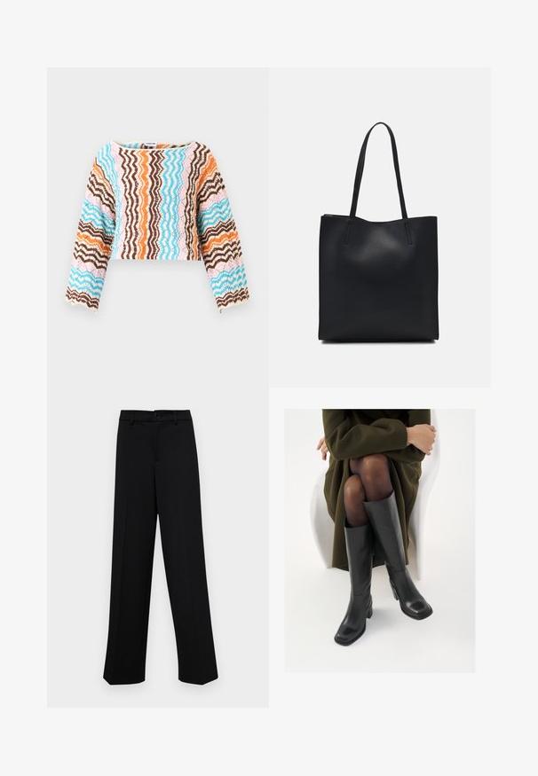 Top corto de manga larga de ganchillo con un patrón de zigzag en marrón, azul, naranja y rosa. Textura suave y detalles de dobladillo con forma de concha.; Pantalones de pierna ancha negros, hechos de un tejido suave, con una cintura clásica que incluye un cierre de botón y pliegues frontales.; Botas de cuero negro hasta la rodilla con puntera cuadrada y tacón de bloque, presentadas con un modelo sentado en un abrigo verde oliva. Textura suave, mínimo detalle.; Bolso tote de cuero negro con textura lisa, forma rectangular y dos asas largas. Sin herrajes ni adornos visibles.