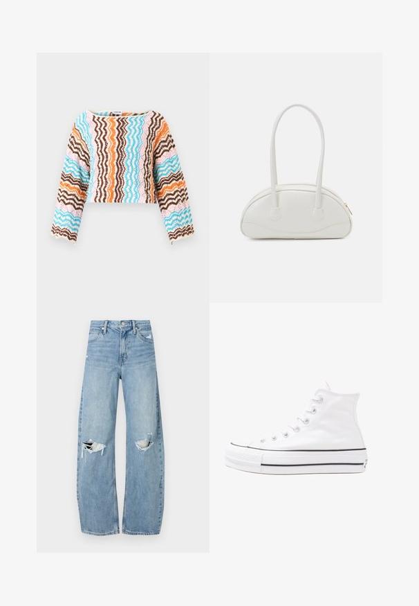 Häkeln, langärmliges, cropped Oberteil mit einem Zickzackmuster in Braun, Blau, Orange und Pink. Weiche Textur und gewellte Saumdetails.; Helles, hochtailliertes Jeans aus Denim. Hat weit geschnittene Beine, zwei aufgerissene Kniebereiche und klassischen Fünf-Taschen-Stil.; Weiße hochwertige Leinensneaker mit schwarzer Gummisohle, vorderem Gummizehenschutz und sechs Ösen für Schnürsenkel, die ein sauberes, minimalistisches Design aufweisen.; Even&Odd Handtasche - off-white