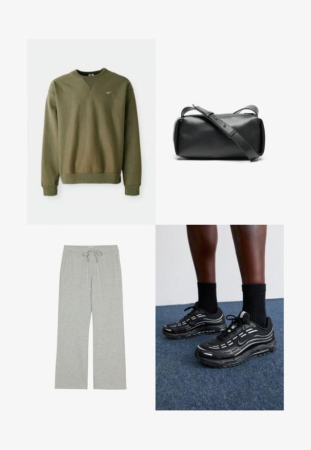 Olivno zelena Nike dukserica s okruglim izrezom i rebrastim manžetama, prikazana na jednostavnoj bijeloj pozadini.; Svetlo sivi trenirke iz mehkega, teksturiranega materiala z vrvico za vezanje v pasu in stranskimi žepi; širok, sproščen kroj.; Črne Nike čevlje imajo mrežasto zgornji del z naglasnimi črtami, teksturirane vezalke in črn gumijast podplat. Nosijo se s črnimi rebrastimi nogavicami.; Črna usnjena torbica čez ramo s cilindrično obliko, z zadrgo in nastavljivim trakom. Gladka tekstura z minimalističnimi oblikovalskimi podrobnostmi.