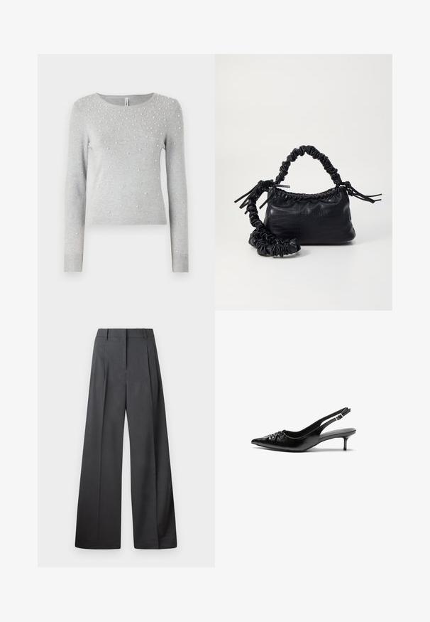 Gray knit sweater with long sleeves, round neckline, and scattered white pearl embellishments. Ribbed cuffs and hem.; Wide-leg trousers in dark gray fabric, featuring a high waist, single pleats, and a smooth texture with a clean finish at the hems.; Black leather slingback heels with a pointed toe, small kitten heel, and a decorative knot detail on the front. Smooth texture throughout.; Black faux leather handbag with a crocodile texture, cinched top, and a scrunched strap. Appears soft and compact in design.