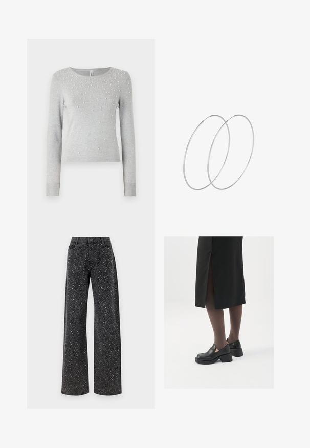 Sivkasti pleteni pulover z dolgimi rokavi, okroglo izrezanem vratu in raztresenimi belimi bisernimi okrasnimi elementi. Ribušeni manšeti in rob.; Noisy May NMJANNEL LOOSE - Široke kavbojke - black denim; Črne usnjene čevlje s zaobljenim prstom, debelim blokastim petama in elastičnimi stranskimi detajli, v kombinaciji s temno nogavicami in črno krilo z razporkom.; Srebrne uhane v obliki obroča z minimalističnim dizajnom. Krožna oblika, gladka tekstura in tanek profil. Lahki s poliranim zaključkom.