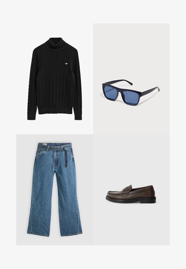 Mustmustritsiga kõrge kaelusega särk, millel on soonikuga varrukad ja ääred. Omab tekstuurset mustrit ja väikest logo rinnal.; Sinine denimist laienevate jalgadega teksad, millel on kinnitatud vöö, ees taskud ja nähtav õmblemine helesinise tausta peal.; Pruun nahast loafer, millel on varbaküljel õmblusega detail, lame tald ja madal virnastatud tald. Sile tekstuur ja minimalistlikud disainielemendid.; Mustad must plastikprillid, millel on ristkülikukujulised raamid, sinise tooniga läätsed ja kitsad käed, millel on läikiv viimistlus.