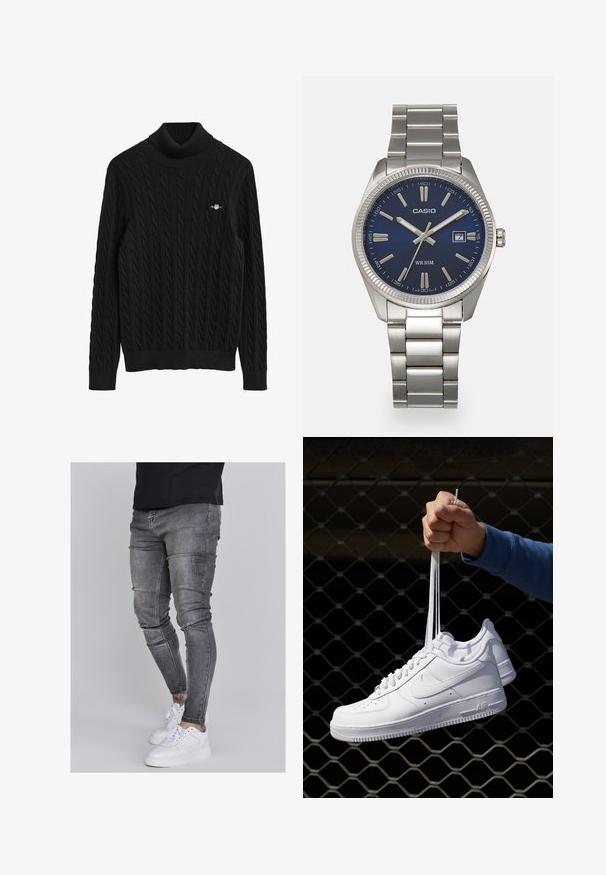 Schwarzer, grob gestrickter Turtleneck-Pullover mit gerippten Bündchen und Saum. Mit strukturiertem Muster und kleinem Logo auf der Brust.; Schlanke Jeans aus ausgebleichtem grauem Denim, mit abgenutzten Details an den Knien, kombiniert mit weißen Sneakers. Glatte Textur, schlanker Schnitt.; Weiße Leder-Sneaker mit Perforationen, runder Zehenpartie, flacher Sohle und dicken Schnürsenkeln, mit sichtbar eingesticktem Swoosh-Logo und "AIR" an der Ferse.; Silberner Armbanduhr aus Edelstahl mit einem dunkelblauen Zifferblatt, metallischen Stundenmarkierungen und einem Datumsfenster bei 3 Uhr. Wasserdicht bis 50 Meter.