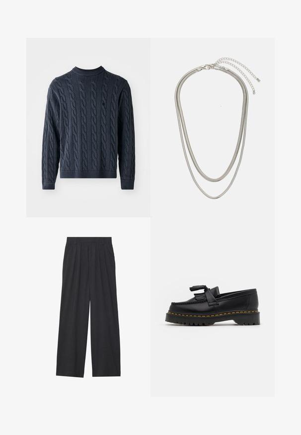 Donkerblauwe gebreide trui met een kabelpatroon, ronde hals en geribde manchetten en onderkant. Gemaakt van een textuurstof voor warmte.; Wijd-uitlopende broeken van donkergrijze stof. Kenmerken zijn plooien bij de taille, een tailor-made ontwerp en een rechte silhouet.; Zwarte leren loafers met een franjesaccent, voorzien van een dikke zwarte zool en gele stiksels langs de rand. Gevoelige afwerking.; Driedelige zilveren metalen halsketting met slanke, flexibele kettingen met een lichte glans, beveiligd met een karabijnhaak en een verstelbare ketting.