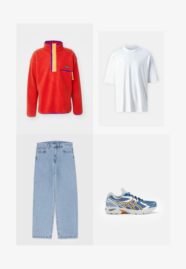 Piros bolyhos pulóver magas gallérral, narancssárga gombos pánttal, kék részletekkel és cipzáras mellzsebbel. Puha tapintás, laza fazon.; Fehér, rövid ujjú póló, puha pamutból készült. Kerek nyakú, laza szabású, sima textúrájú. Nincsenek látható minták vagy díszítések.; Világoskék farmernadrág egyenes szárú kivitelben, közepes derékkal, öt zsebbel, gombos és cipzáros záródással.; Kék sportcipő hálós felsőrésszel, fehér és narancssárga díszítéssel, párnázott középtalppal és texturált gumitalppal. Fűzős kialakítás jellemzi.