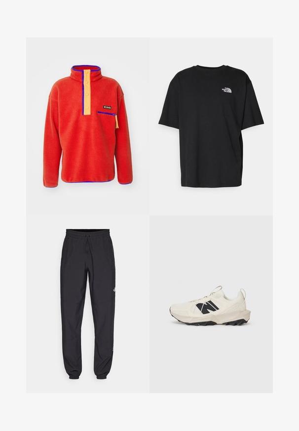 Roter Fleece-Pullover mit hohem Kragen, orangen Knopfleiste, blauen Akzenten und einer mit Reißverschluss versehenen Brusttasche. Weiche Textur, lockere Passform.; Schwarzes Baumwoll-T-Shirt mit rundem Halsausschnitt und kurzen Ärmeln. Mit weißem Logo auf der linken Brust. Schlichte, entspannte Passform.; Schwarze Sporthosen aus leichtem Stoff, mit einem Kordelzugbund, seitlichen Taschen und schmal zulaufenden Bündchen an den Knöcheln.; Helle beige Sneaker mit einem Obermaterial aus Mesh, schwarzem Logo und strukturiertem Sohle. Akzentuiert mit einem geometrischen Muster auf der Zwischensohle.