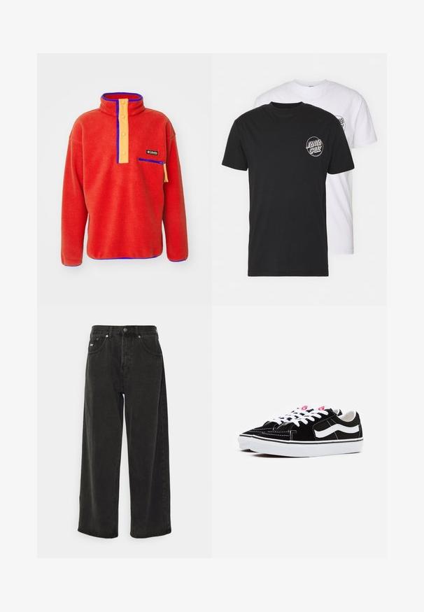 Pullover in pile rosso con colletto alto, patta dei bottoni arancione, dettagli blu e tasca sul petto con zip. Texture morbida, vestibilità rilassata.; Confezione di due t-shirt: una nera e una bianca. Entrambe hanno maniche corte e un logo circolare sul petto in un colore a contrasto. Materiale in cotone.; Obey Clothing BIGWIG BAGGY - Jeans baggy - black; Sneaker in suede nera con lacci bianchi, dotate di una marcata striscia laterale bianca e suola in gomma nera, che mette in evidenza dettagli di cucitura a contrasto.