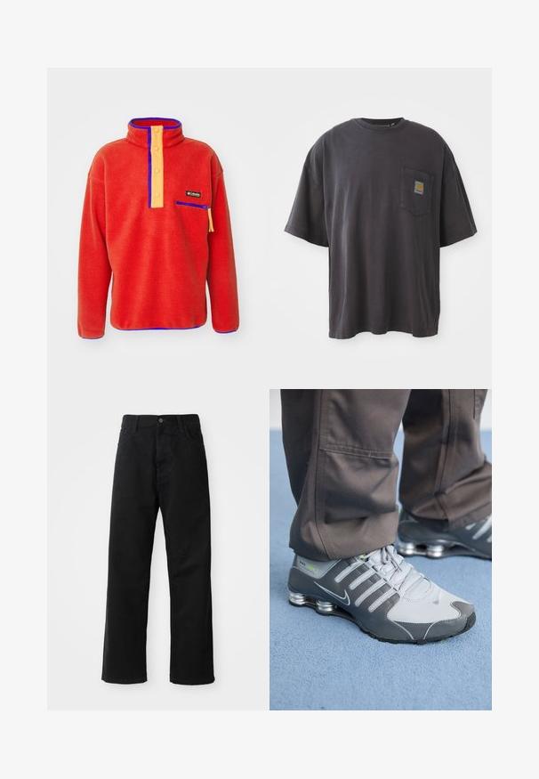 Rød fleece-pullover med høj krave, orange knaplukning, blå detaljer og en lynlåslomme på brystet. Blød tekstur, afslappet pasform.; Sort bomulds T-shirt med korte ærmer, en rund halsudskæring og en venstre brystlomme med et firkantet logo-patch. Enkel og uudsmykket design.; Sorte denimbukser med lige snit, der har frontlommer, lynlås og en enkelt knap i toppen. Struktureret stof med en mat finish.; Grå og sølv Nike Shox sneakers har et slankt design med mesh og syntetiske materialer, en rund tå og en polstret krave.