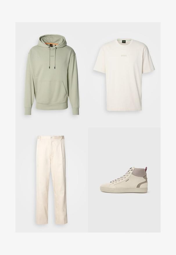 Světlezelená mikina s kapucí z měkké tkaniny. Obsahuje přední kapsu, šňůrky a nenápadné logo "BOSS" na hrudi.; BOSS TEE - Jednoduché tričko - open white; Bežové bavlněné kalhoty se střihy rovného nohavice, s knoflíkovým zapínáním a záhyby vpředu pro zvýraznění detailu.; Beige vysoké tenisky s krémovým síťovaným límcem, polstrovaným patním tabem, šněrováním vpředu a logem "HUGO" na boku.