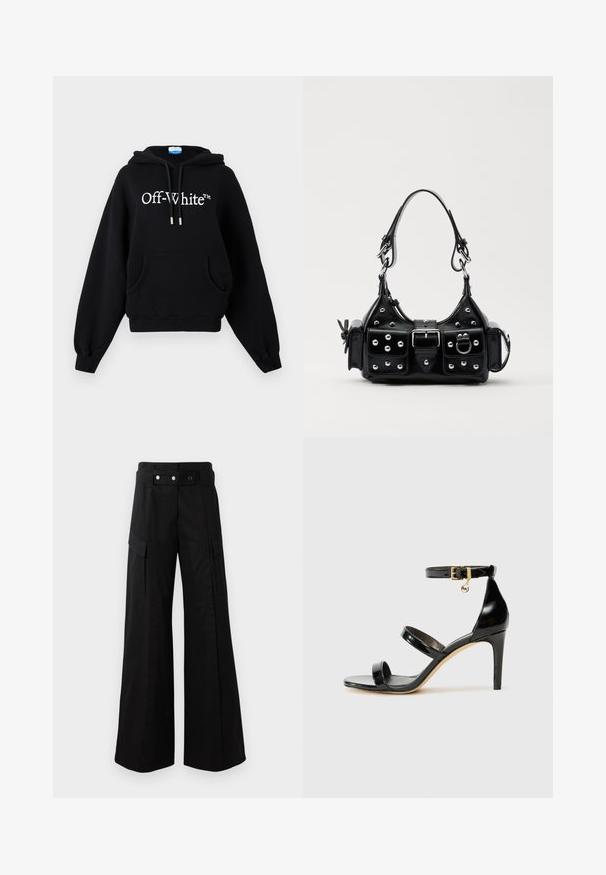 Felpa nera in cotone con grande tasca frontale, cappuccio regolabile con cordini, polsini a costine e logo "Off-White™" in bianco sul petto.; Pantaloni neri a gamba larga con vita alta, dotati di ampie tasche laterali, due bottoni frontali e un dettaglio a anello. Realizzati in un tessuto resistente.; Sandalo in pelle verniciata nera con tre cinturini, fibbia alla caviglia e tacco a stiletto di 10 cm. Presenta dettagli in hardware dorato e un charm con logo.; Borsa a mano in pelle nera con design curvo, caratterizzata da borchie argentate, una fibbia e due tasche laterali. Tracolla regolabile per diverse opzioni di trasporto.