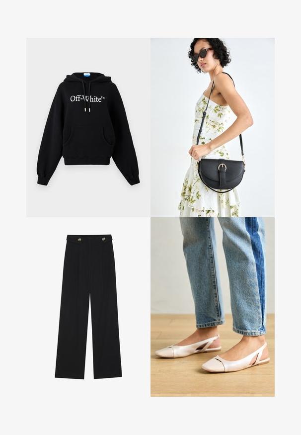 Felpa nera in cotone con grande tasca frontale, cappuccio regolabile con cordini, polsini a costine e logo "Off-White™" in bianco sul petto.; Pantaloni neri a gamba larga con vita alta, dettagli con bottoni in vita e pieghe frontali.; Ballerine slingback rosa pallido con punta affusolata, realizzate in un materiale simile alla pelle liscio. Presentano dettagli a taglio sui lati e un tacco piatto.; Borsa a tracolla nera in pelle con una forma curva, manico rimovibile e accessori dorati. La borsa presenta una patta con un dettaglio a fibbia.