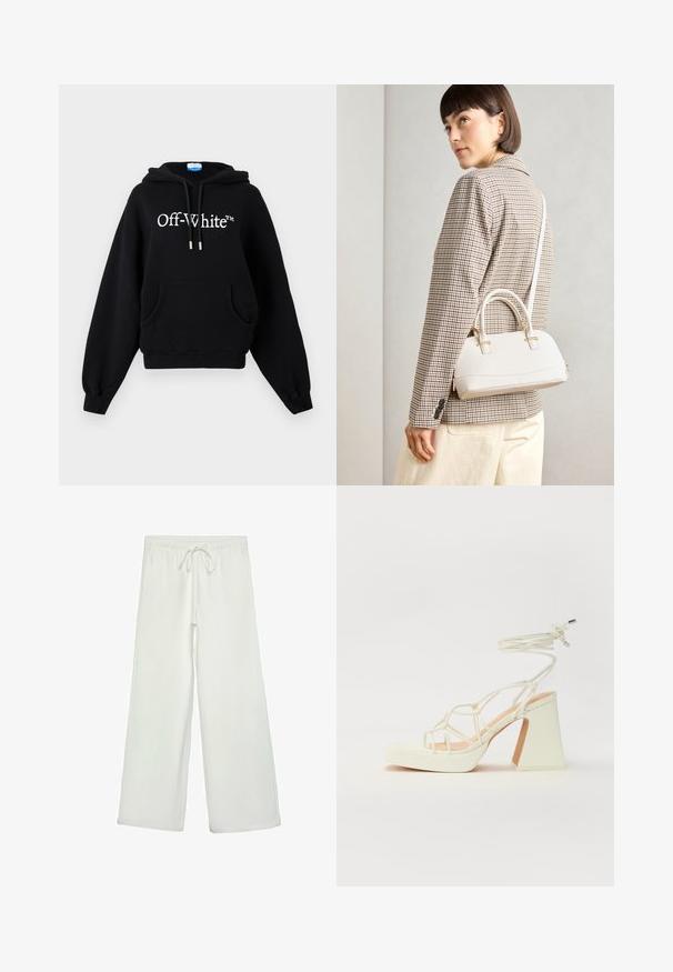 Čierna bavlnená mikina s veľkou prednou kapsou, kapucňou so šnúrkami, ribbovanými manžetami a bielym logom "Off-White™" na hrudi.; Biele nohavice s širokými nohavicami vyrobené z mäkkej tkaniny. Majú elastický pás s šnúrkou a hladký povrch. Žiadne viditeľné vzory ani kovania.; Biele sandále na vysokom opätku s hrubým podpätkom, s pruhovaným dizajnom a viazaním na členku. Hladký povrch s platformou vpredu pre zvýšenú výšku.; Biela štruktúrovaná kabelka s krátkymi rúčkami a ramenným popruhom, s zlatými kovovými prvkami a textúrovaným materiálom, vystavená na šedom pozadí.