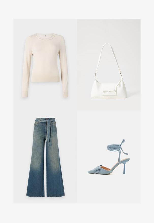 Kreminės spalvos megztinis su ilgomis rankovėmis ir apvaliu kaklu, papuoštas perlų akcentu aplink apykaklę, ir su raukinėtomis rankogaliais bei apačia. Minkšta tekstūra.; Platus džinsinis kelnes su šviesiai tamsiai mėlynu gradientu, aukštu juosmeniu, diržo kilpomis ir atitinkančiu audinio diržu. Textūruotas džinsinis paviršius.; Šviesiai mėlynos audinio aukštakulnės bateliai su smailiu galiuku ir tekstūruotu paviršiumi, su dekoratyviniu kaspinėliu ir kulkšnies juostele, užtikrinančia tvirtą prigludimą.; Balta sintetinė rankinė trikampio formos, plokščiu priekiu su užsegimu, kaspino detale, reguliuojama dirželiu, lygia tekstūra ir minimalistišku dizainu.