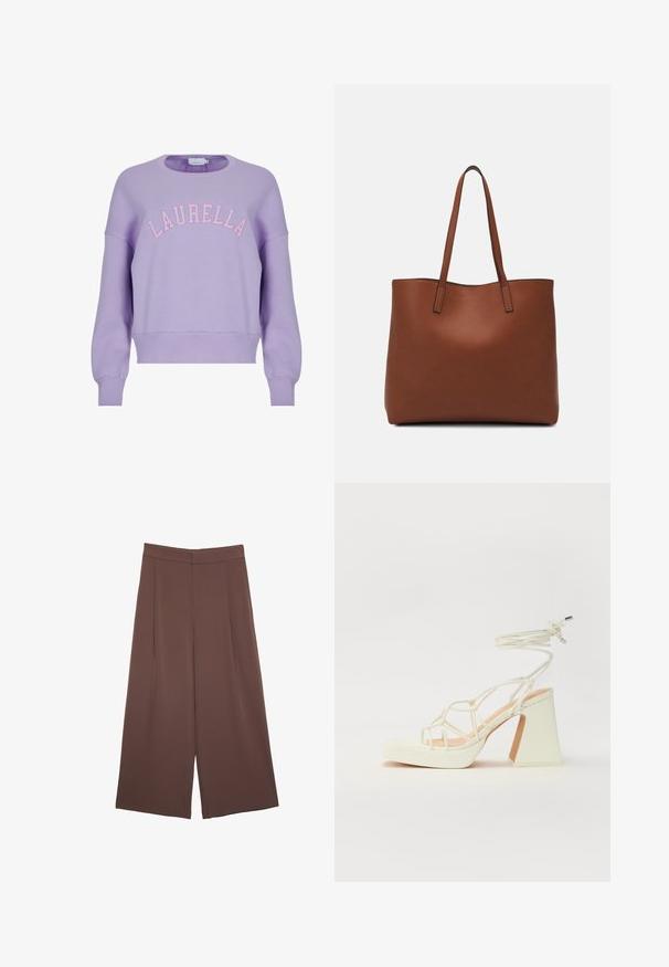 Lila sweatshirt med rund hals och långa ärmar. Har "LAURELLA" i rosa broderi över bröstet. Mjuk tygtextur.; Bruna vida byxor med en slät textur, som har hög midja och framfickor. Tyget är lätt och flödar löst.; Vit högklackad sandal med en kraftig klack, med ett remdesign och ankelband. Slät textur med en plattform framtill för ökad höjd.; Brun läder tote-väska med en slät textur, öppen toppdesign och två axelremmar. Har minimal söm och ingen synlig metalldetalj.