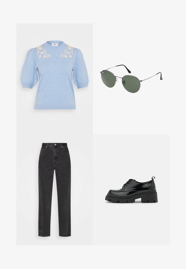 Object OBJTHESS jasnoniebieski; Czarne jeansy o wysokim stanie wykonane z denimu, charakteryzujące się prostymi nogawkami, przednimi kieszeniami, z suwakiem oraz metalowym zapięciem na guzik.; Czarne lakierowane buty na platformie z grubą podeszwą i grubymi sznurówkami. Okrągły przód, minimalne zdobienia oraz mały uchwyt z tyłu.; Okulary przeciwsłoneczne z metalową ramą i owalnymi zielonymi soczewkami. Cienka srebrna metalowa rama i czarne końcówki zauszników. Minimalistyczny design, bez widocznych logo.