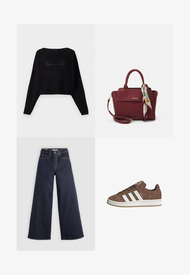 Zwarte gebreide crop sweater met lange mouwen, voorzien van een open geweven textuur en een brede halslijn. Geribbelde zoom aan de onderkant en bij de manchetten.; Wijde denim jeans in donkerblauw met contrasterende stiksels. Bevat een traditionele vijf-pocketontwerp en een knoopsluiting in de taille.; Bruine suède sneaker met witte leren strepen, rubberen zool, ronde neus en vetersluiting. Kenmerkt zich door een logo op de tong en geperforeerde accenten.; Bordeaux handtas van synthetisch materiaal met een gestructureerd ontwerp, voorzien van een afneembare schouderband en een met bloemenpatroon versierde sjaal die aan het handvat is geknoopt.